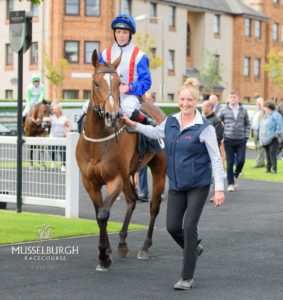 Havana Mariposa parades at Musselburgh Racecourse, ridden by Ben Curtis in Hope Eden Racing silks and handled by Nikki Hazell.